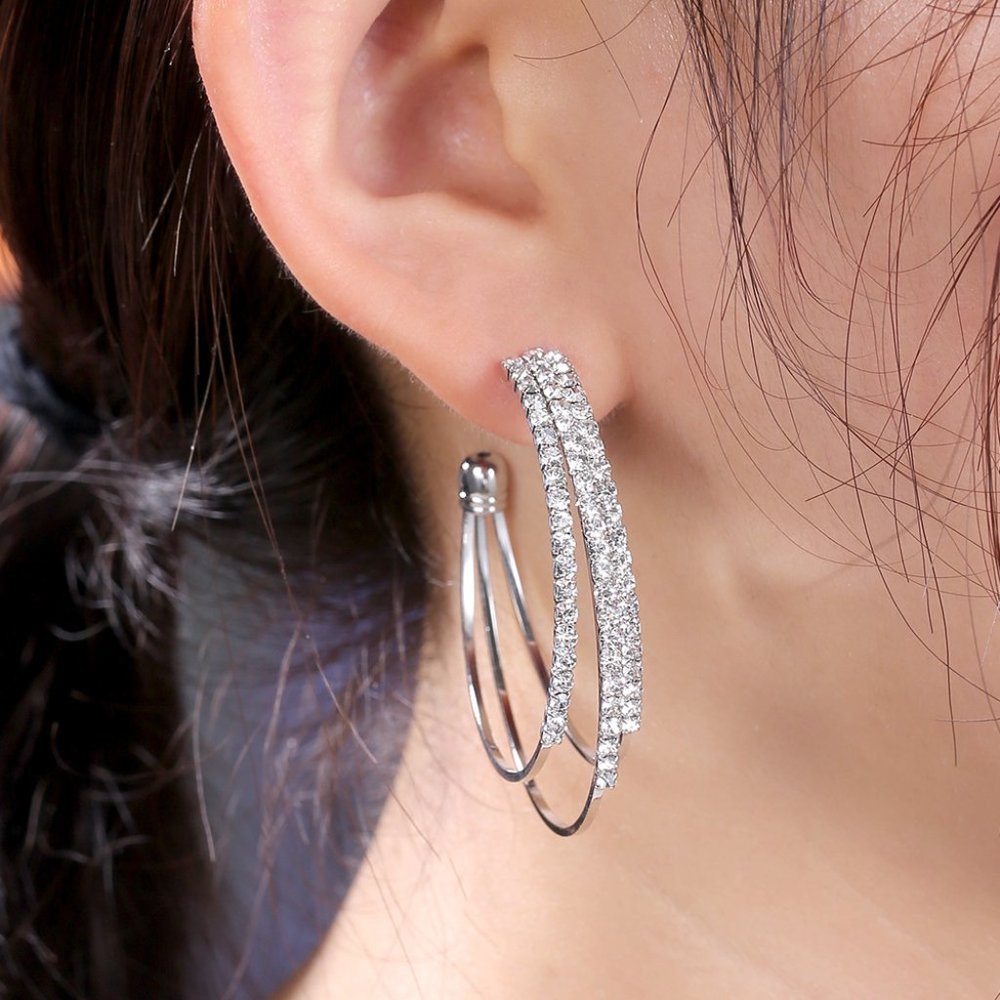 "Multilayer Round Shining 925 Silver Hoop Earrings, FB16FA1048 - Picture 3 of 5